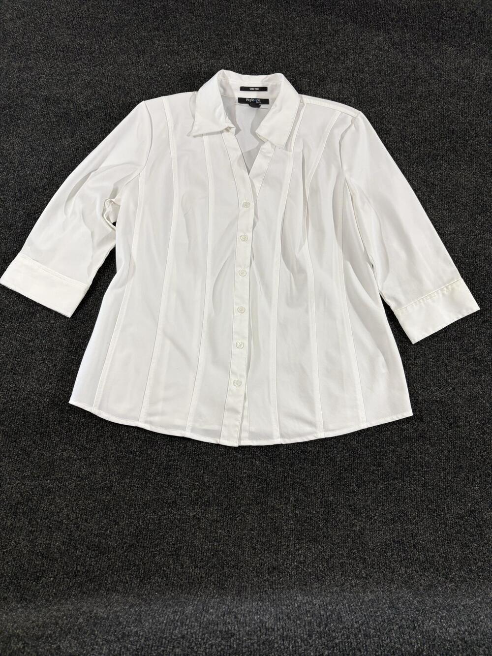 Style & Co. Blouse Womens PL White Stretch Button Front 3/4 Sleeve Collared Top